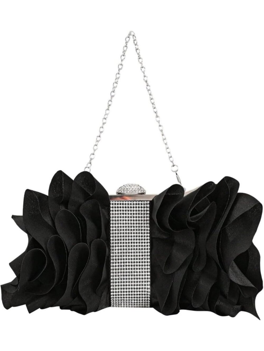 Women's Black Floral Clutch Purse Wedding Guest Bow Evening Crossbody Bag